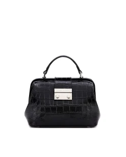 Brandon Blackwood Top Handle Bags>Elizabeth Doctor Bag Black Croc Embossed Leather W/Silver Hardware