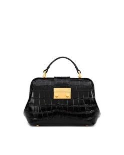 Brandon Blackwood Top Handle Bags>Elizabeth Doctor Bag Black Croc Embossed Leather W/Brass Hardware