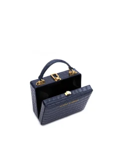 Brandon Blackwood Top Handle Bags>Kendrick Trunk Navy Blue Croc Embossed Leather