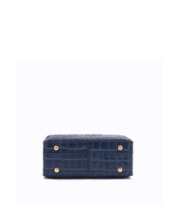 Brandon Blackwood Top Handle Bags>Kendrick Trunk Navy Blue Croc Embossed Leather