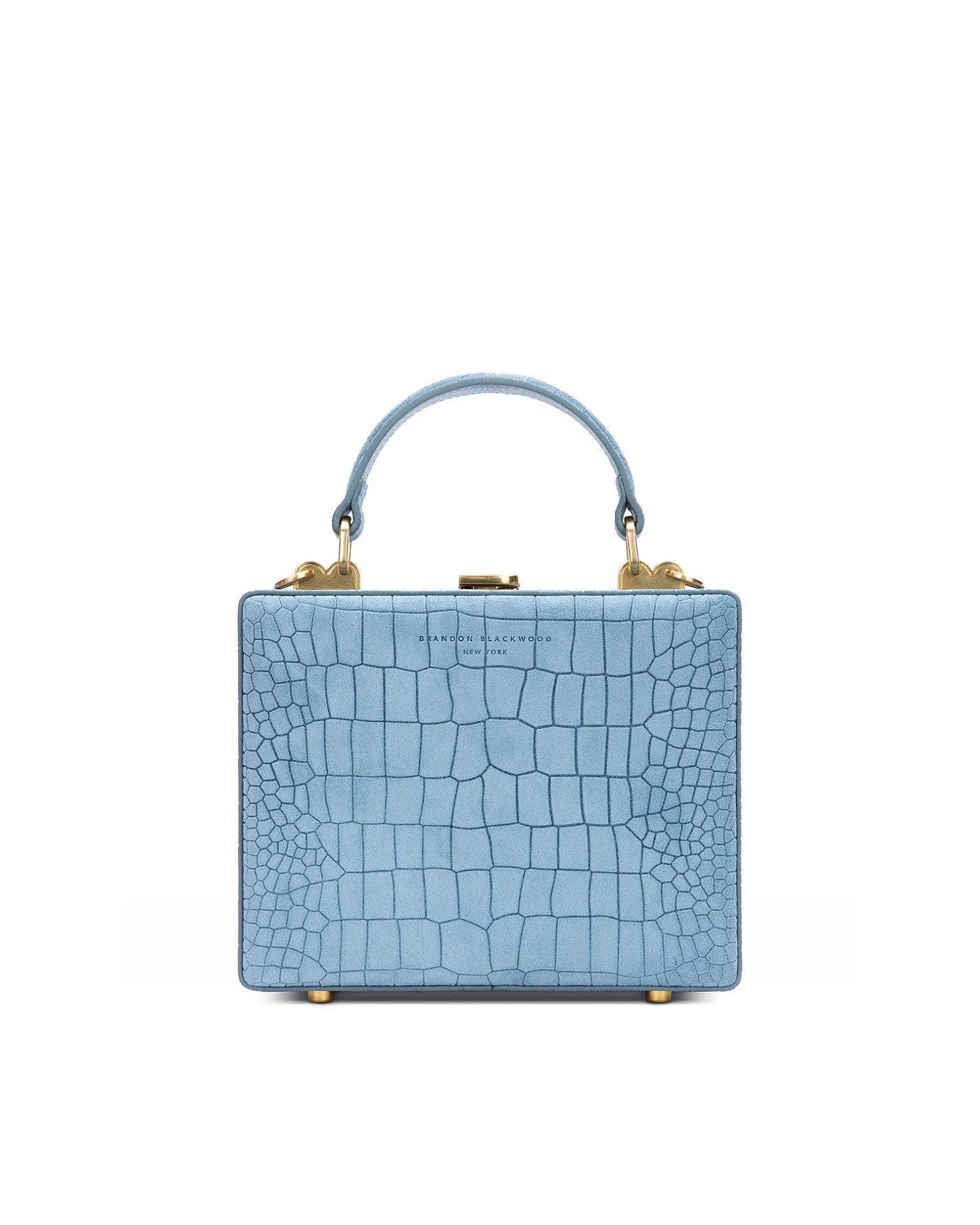 Brandon Blackwood Top Handle Bags>Kendrick Trunk Baby Blue Croc Embossed Suede