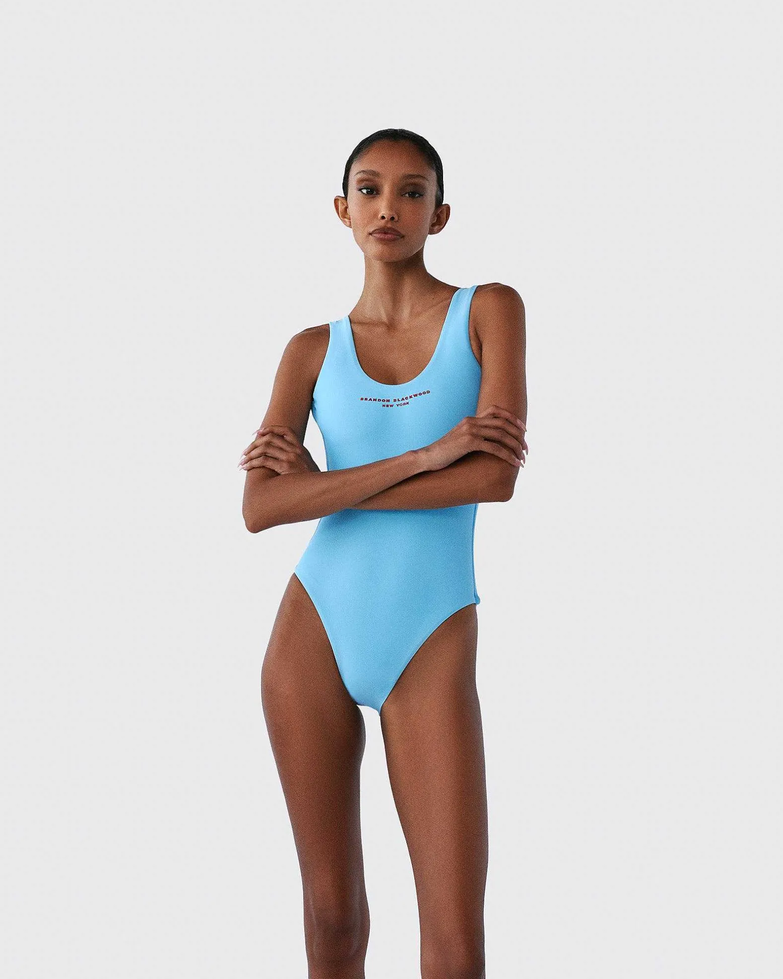 Brandon Blackwood One-Piece>Logo One-Piece Swimsuit Baby Blue/Red Logo