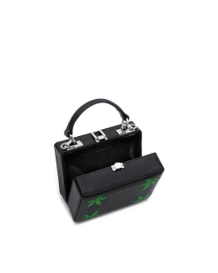 Brandon Blackwood Crossbody Bags>Mini Kendrick Trunk 420-Black Leather W/Green Embroidered Leaves