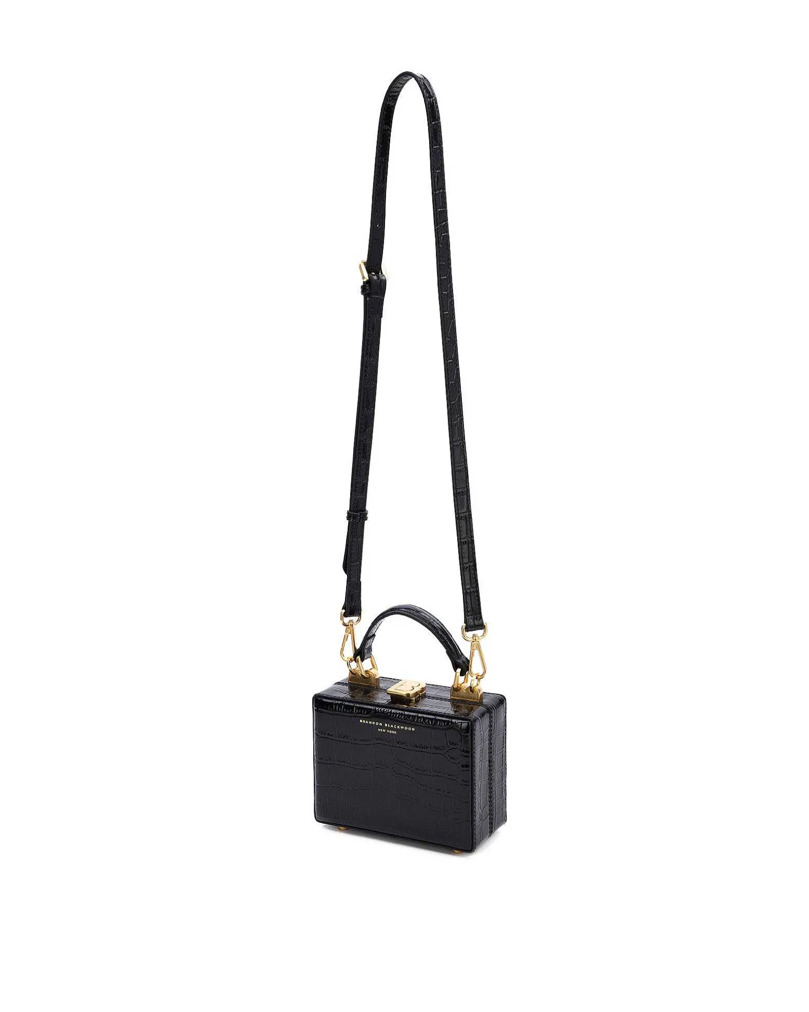 Brandon Blackwood Top Handle Bags>Mini Kendrick Trunk Black Croc Embossed Leather W/Brass Hardware