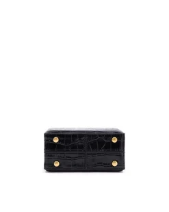 Brandon Blackwood Top Handle Bags>Mini Kendrick Trunk Black Croc Embossed Leather W/Brass Hardware