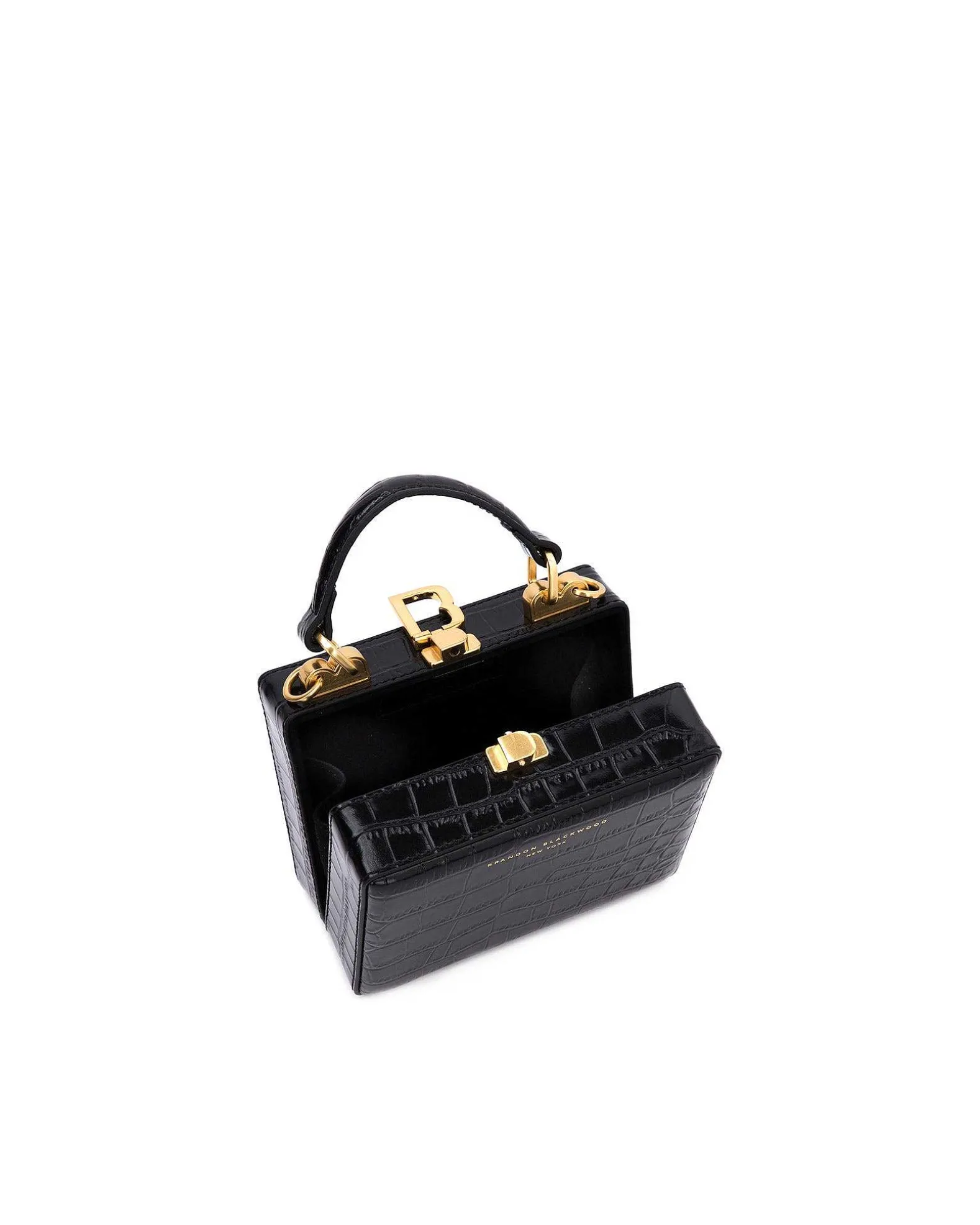 Brandon Blackwood Top Handle Bags>Mini Kendrick Trunk Black Croc Embossed Leather W/Brass Hardware