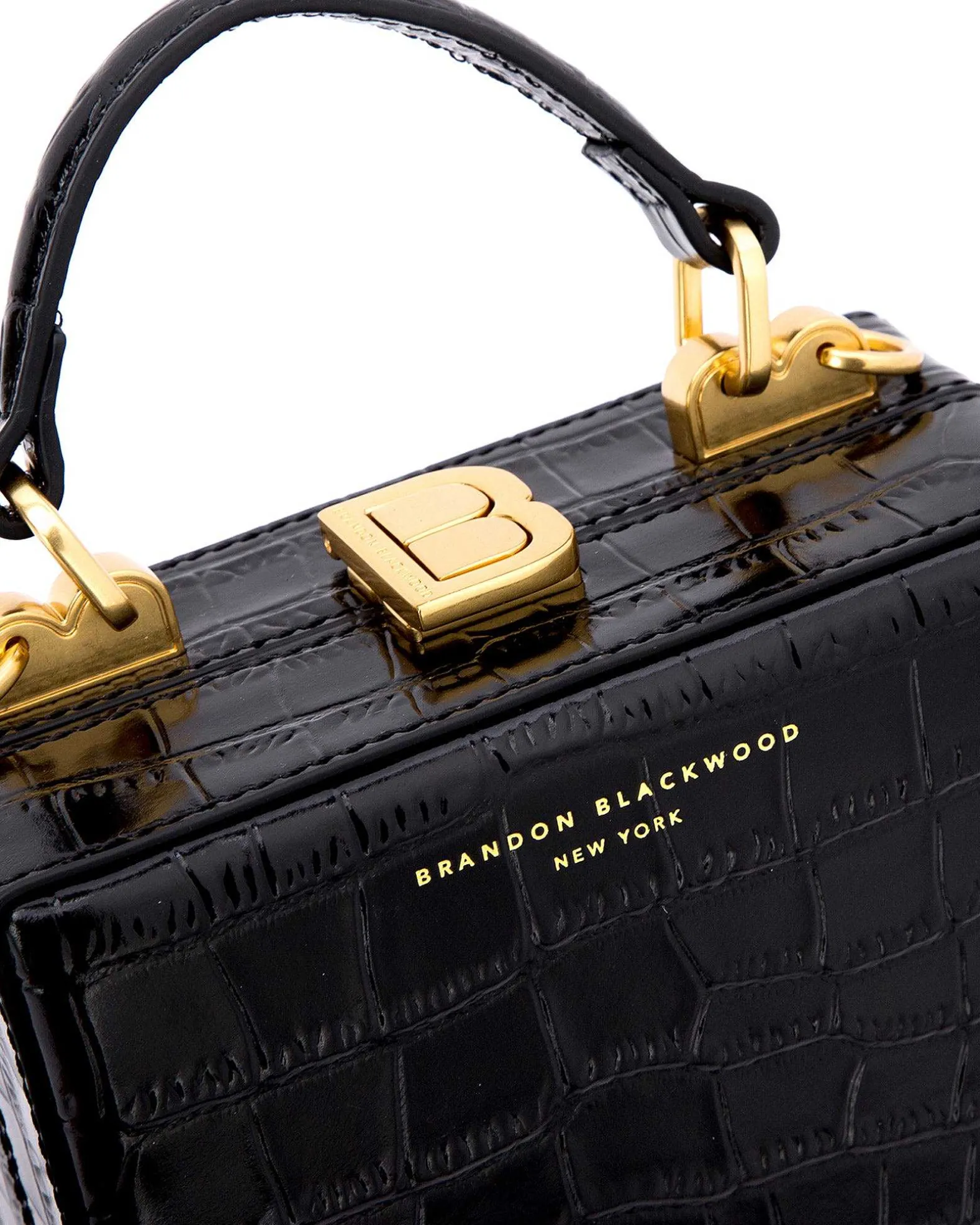 Brandon Blackwood Top Handle Bags>Mini Kendrick Trunk Black Croc Embossed Leather W/Brass Hardware