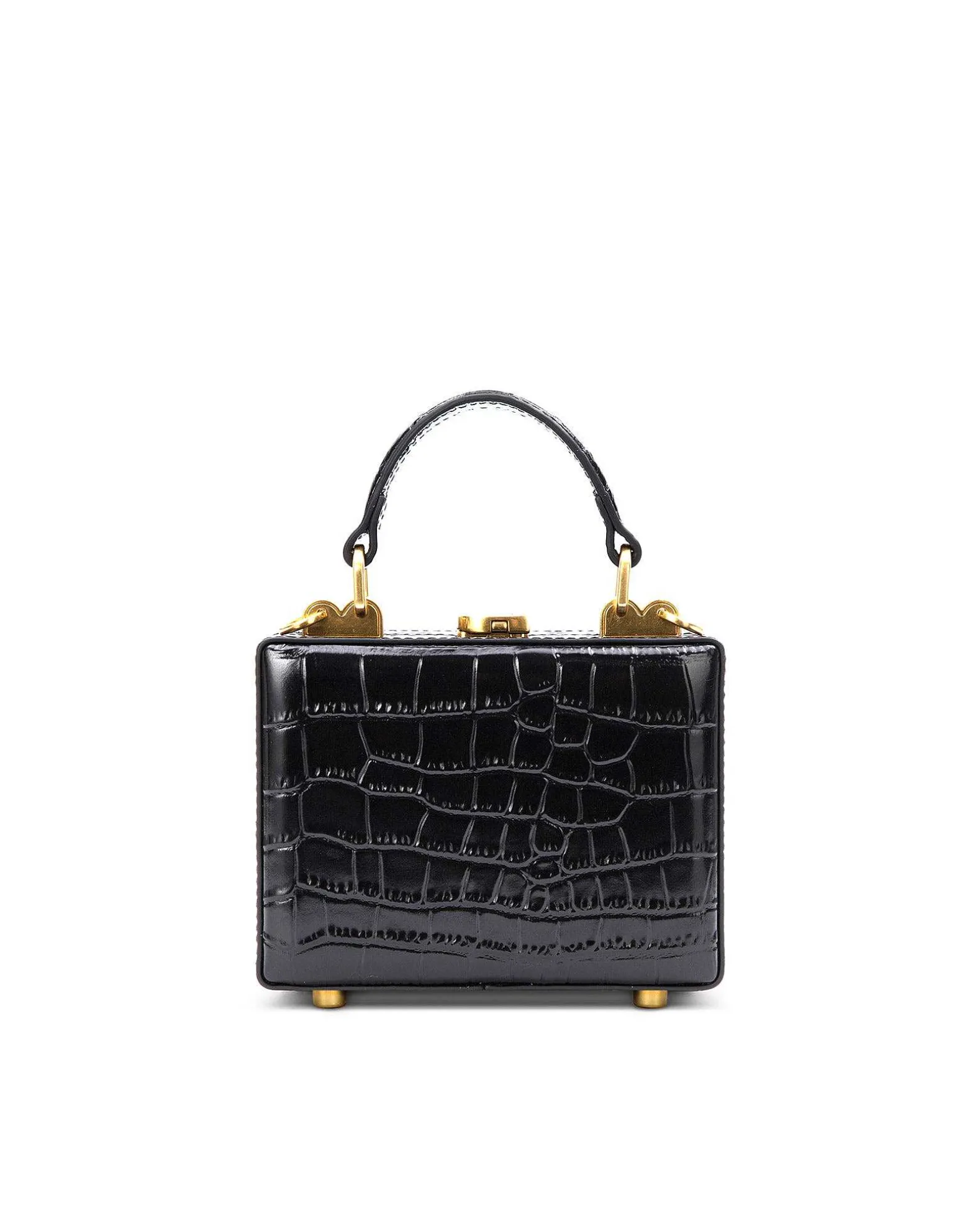 Brandon Blackwood Top Handle Bags>Mini Kendrick Trunk Black Croc Embossed Leather W/Brass Hardware