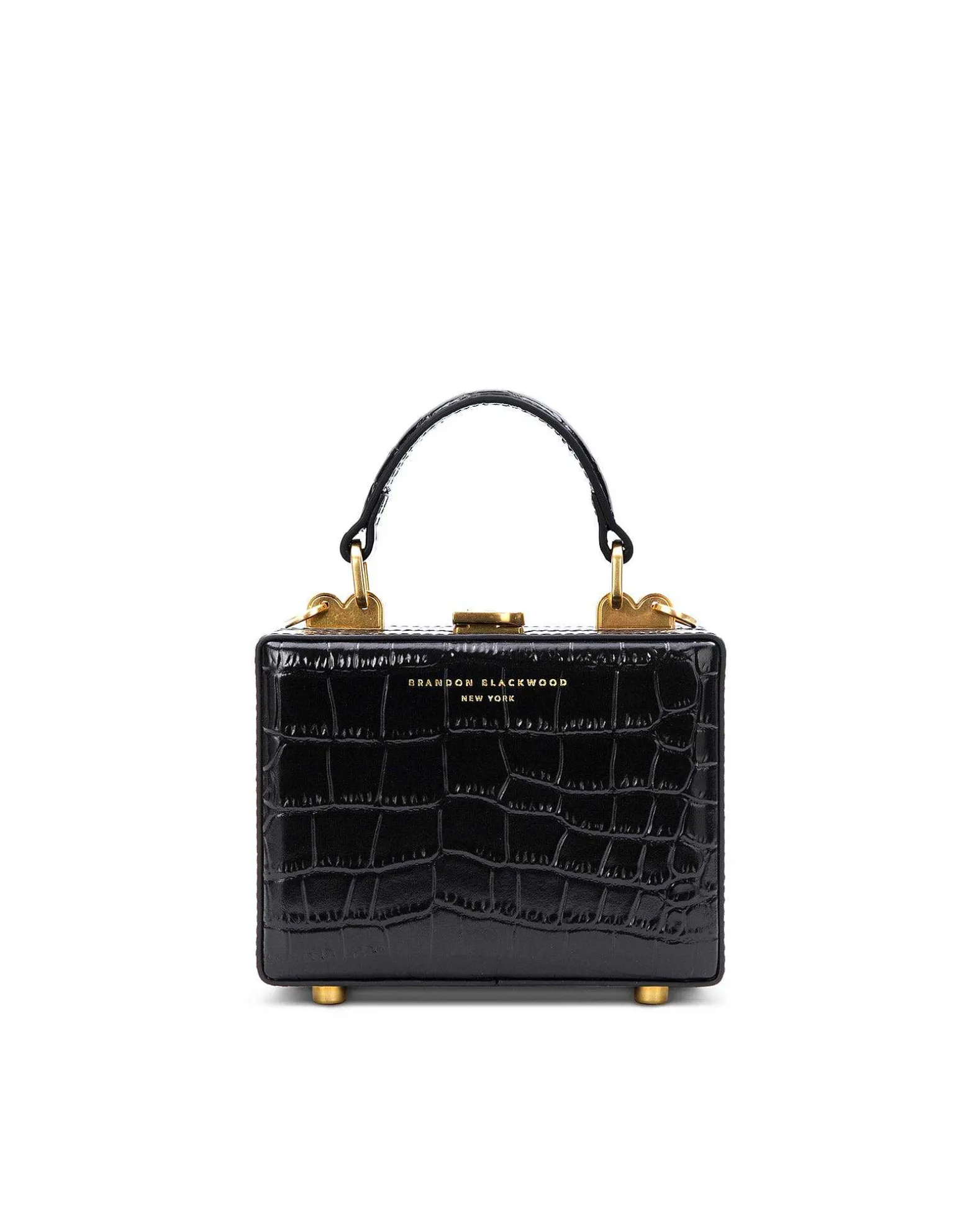 Brandon Blackwood Top Handle Bags>Mini Kendrick Trunk Black Croc Embossed Leather W/Brass Hardware
